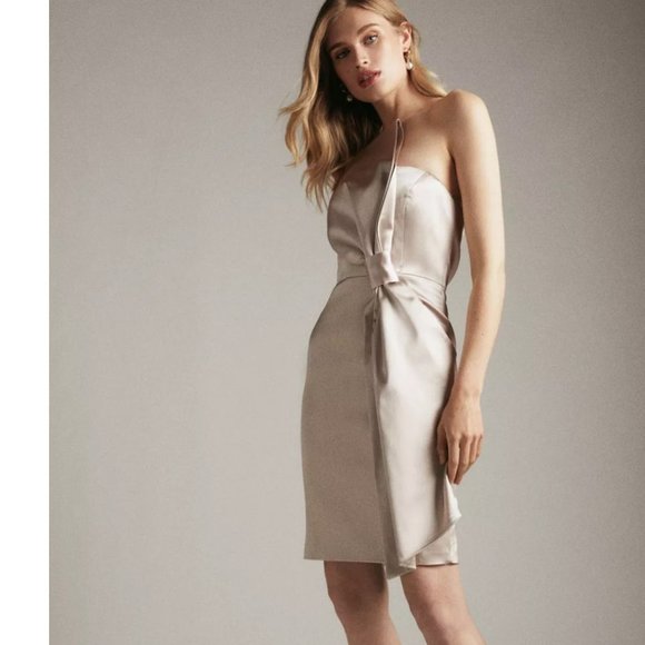 NWT KAREN MILLEN ITALIAN STRUCTURED SATIN BOW BANDEAU DRESS OYSTER 16 - Picture 1 of 5